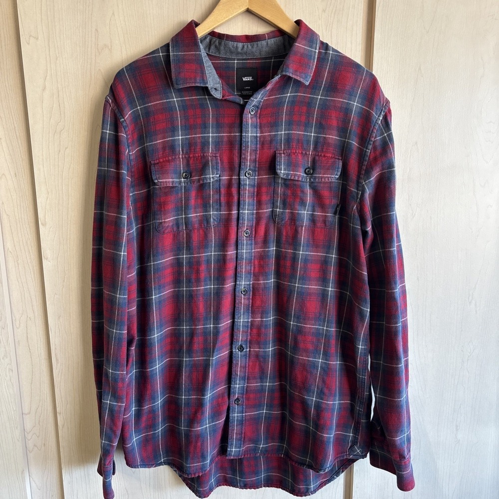 Vans Off The Wall Classic Fit Mens Large Red Blue Plaid Long Sleeve Flannel